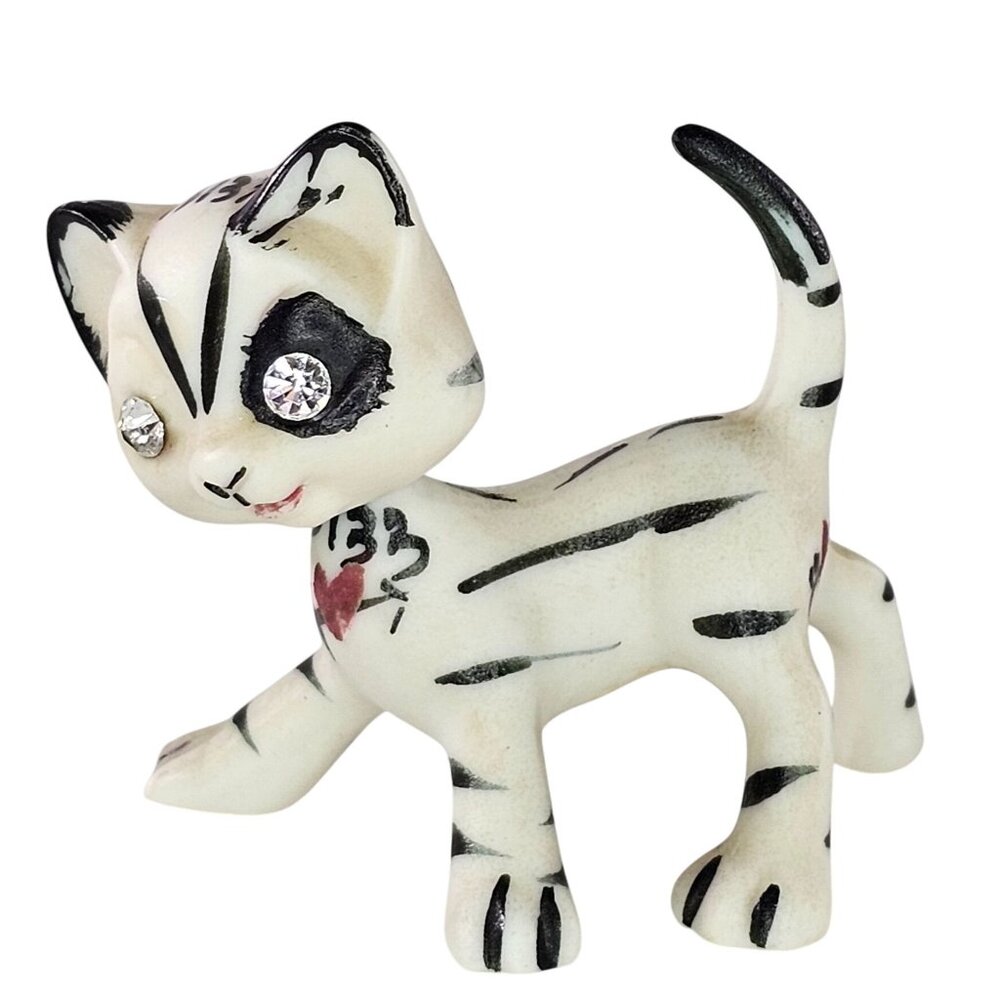 Striped Ceramic Cat Bobble Head Nodder Figurine Rhinestone Eyes Signed Numbered